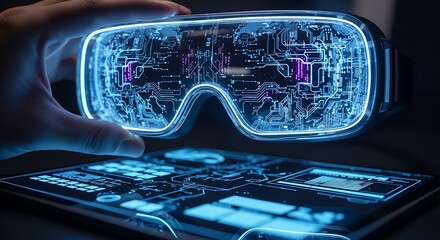 Futuristic Virtual Reality Headset Immersed in Advanced Digital Technology Display