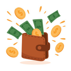 Brown wallet full of dollar bills and golden coins flat illustration isolated on white background © Литвин Юлия