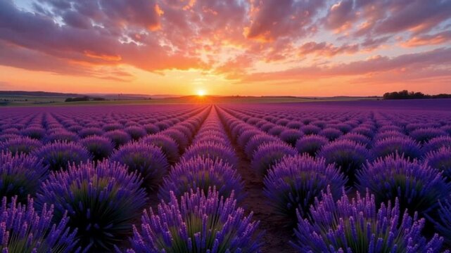Field of lavender glowing under sunset sky cinematic timelapse 