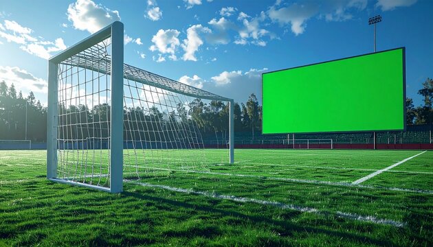 Soccer field with a green screen and goal post under a blue sky.