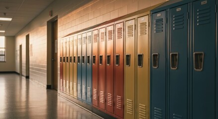 Row of colorful school lockers in a hallway. Sunlight streams into the hall