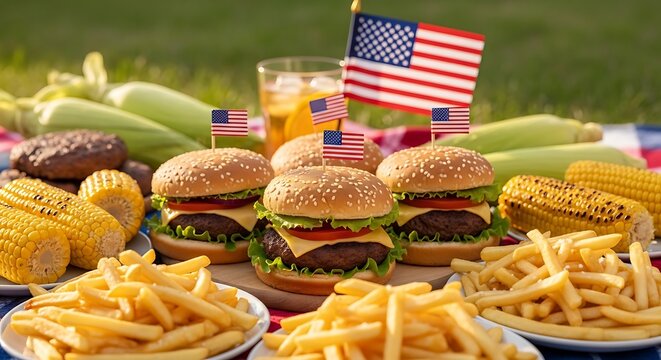 Celebratory picnic scene with burgers, fries, and corn on the cob and American flags
