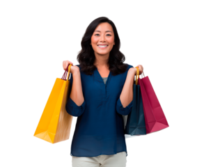 Asian female adult smiling with shopping bags in casual attire on transparent background, PNG