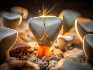 Lithops Succulent Macro Photography – Living Stone Plant with Glowing Light in Desert Rocks