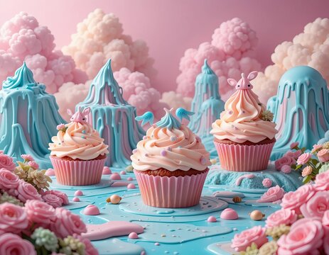 Three pink and peach cupcakes sit on a table with light blue frosting and pink flowers in a whimsical candy landscape - Powered by Adobe