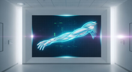 Futuristic Medical Room with Holographic Human Arm Projection