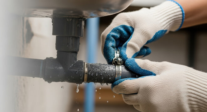 Repairing leaky pipe under sink with plumbing tools. Home repair includes fixing water leak using clamps and gloves. Plumbing service concept for website or blog.