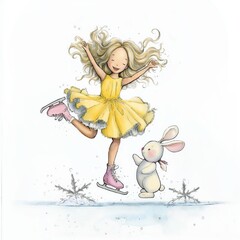 Fototapeta premium adorable cartoon watercolour drawn princess-like girl wearing yellow dress and ice skates and a happy rabbit character