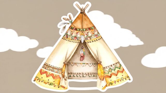 Watercolor illustration of a teepee with decorative patterns