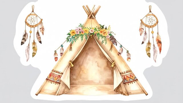 Watercolor Teepee and Dream Catchers