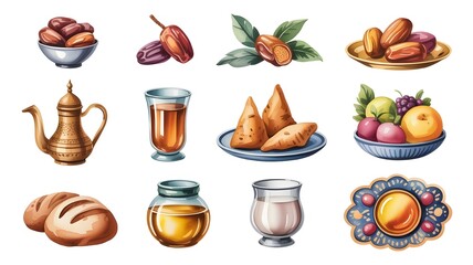 A collection of traditional middle eastern food and drink items, including dates, samosas, bread, and a teapot, isolated on white background