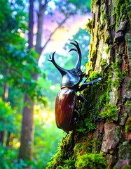 Beetle on mossy tree