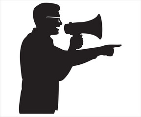 Fototapeta premium Vector silhouette of man shouting with megaphone and pointing hand symbol