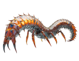 A fearsome, segmented centipede creature with multiple legs and spiky armor, isolated on transparent background