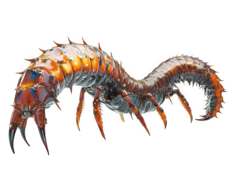 A fearsome, segmented centipede creature with multiple legs and spiky armor, isolated on transparent background