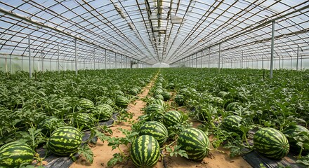 Rows of ripe watermelons growing in a large greenhouse farm agriculture