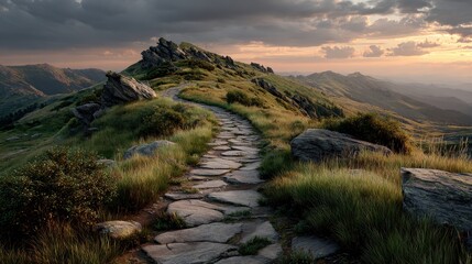 Stone paved path winds through a grassy mountain ridge under dramatic sky at sunset in Bieszczady National Park, Poland