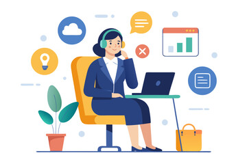 Businesswoman with headset working on laptop in office with icons illustration