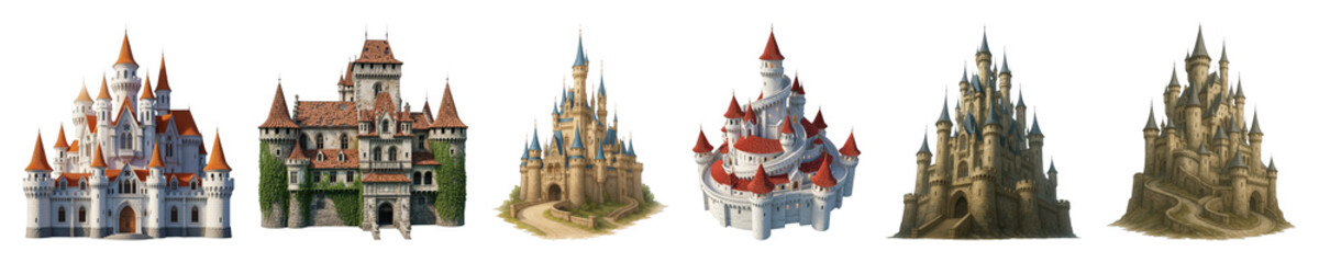 Fototapeta premium Fantasy castle set including various architectural styles, fairy tale, and gothic designs isolated. Digital design assets.