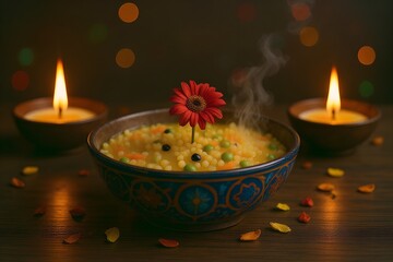 Warm and inviting diwali celebration with steaming food and flickering diyas