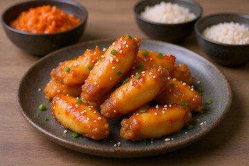 Deliciously glazed chicken wings sprinkled with sesame seeds and chopped chives on a plate