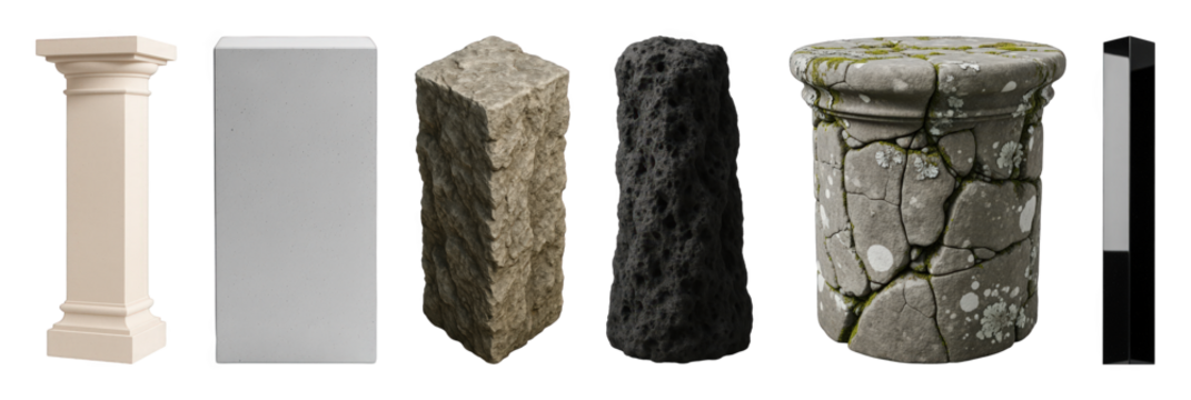 Architectural pillar set including classical, concrete, rough stone, volcanic, cracked, and modern designs isolated. Design elements and structural components.