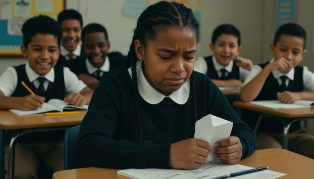 School bullying problem, black girl received a note from classmates and is about to cry, children laughing in the background