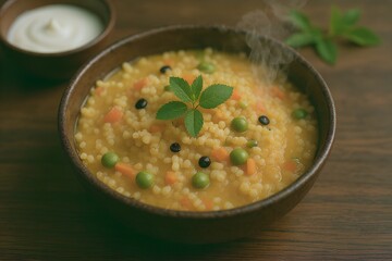 Warm and comforting bowl of savory khichdi with vegetables and a side of yogurt dip