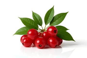 Fresh ripe red cherries with green leaves on a white background studio shot