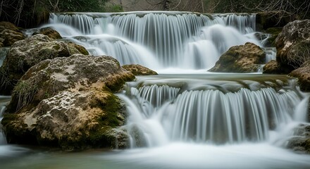 Obraz premium Cascading Waterfall in Lush Green Forest Landscape.