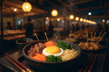 Delicious bibimbap served in a hot stone bowl with a perfectly cooked egg and fresh vegetables at a vibrant night market