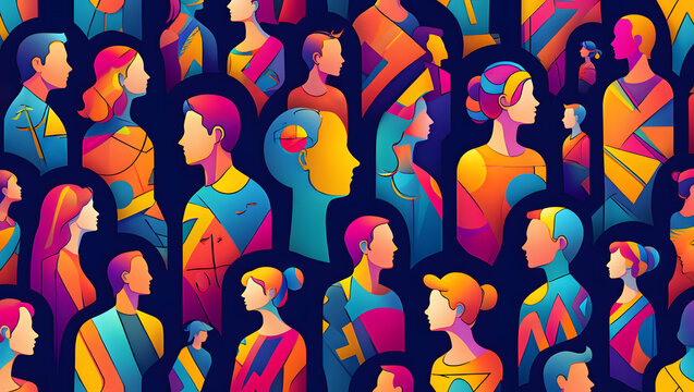 Harmonious Assembly of Individuality: A vibrant assembly of diverse figures, each uniquely rendered with expressive colors and geometric precision, symbolizes unity. It evokes a sense of community.