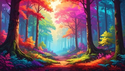 Vibrant colorful forest path