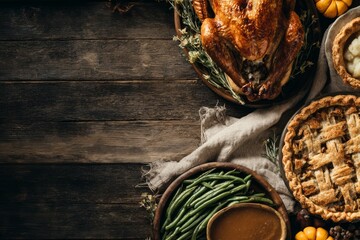 Classic Thanksgiving Feast: Turkey, Pies, & Veggies on a Rustic Wood Table