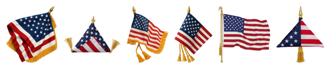 Obraz premium American flag set including various unfurled, folded, fringed, and tasseled displays on poles isolated. Patriotic national symbols.