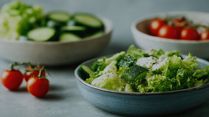 diet menu featuring blurred white text bars displaying calorie counts complemented by light salads made with