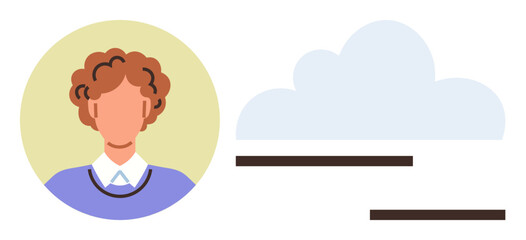 Curly-haired person avatar in circle next to a cloud and horizontal bars. Ideal for profiles, user interfaces, networking, cloud technology, social media, online identity, collaborative platforms