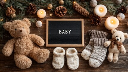 Baby announcement flatlay with teddy bear and knitted socks