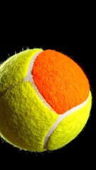 Tennis ball, bright yellow with orange panel, on black background