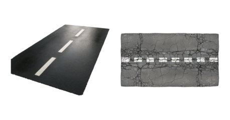 Road segment set including smooth, cracked, new, and old asphalt sections isolated. Infrastructure and travel design elements.