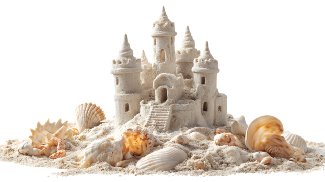 Sandcastle with seashells on soft sand under white background. 