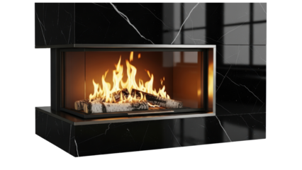 Modern Black Marble Fireplace with Burning Fire
