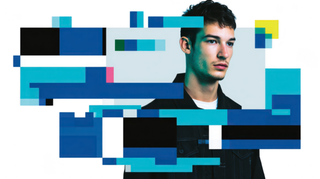 Young man with short dark hair and stubble, wearing black jacket, stands against light background with abstract blue digital glitch effects, modern and thoughtful mood