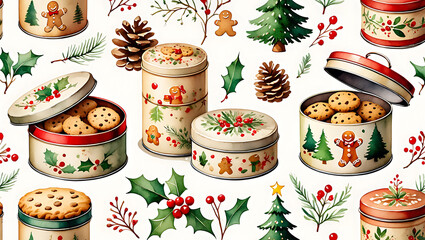 Festive Christmas Cookies in Decorative Tins with Holly and Pine Sprigs Watercolor Holiday Pattern Background