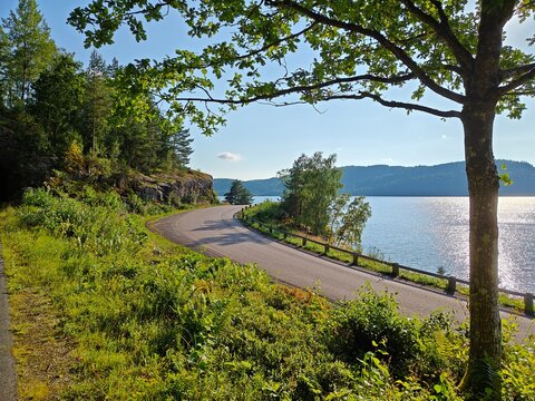 Scenic lakeside road in Ulricehamn, southern Sweden curving through lush green forest in Sweden. Peaceful summer landscape with sunlight reflecting on water and surrounding hills