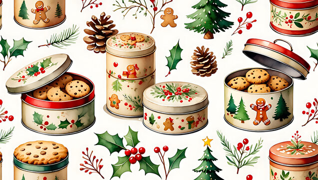 Festive Christmas Cookies in Decorative Tins with Holly and Pine Sprigs Watercolor Holiday Pattern Background