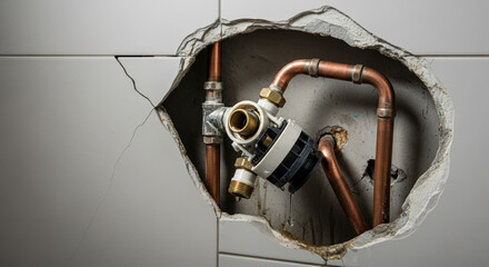 Plumbing problem visible through hole in tiled wall reveals copper pipes. Hidden plumbing damage shows brass fittings, white plastic elements, and broken tiles, creating urgency.