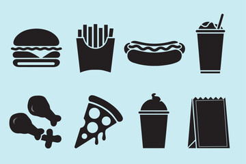 Black Silhouette Icons of Popular Fast Food Items hamburger