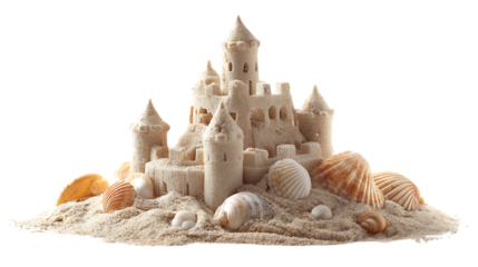 Sandcastle with seashells on soft sand under white background. 