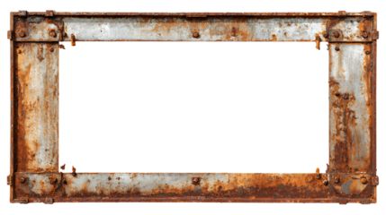 Rustic rectangular metal frame with weathered texture isolated on white background. 